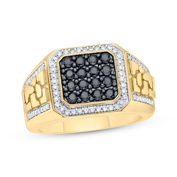 Men's Black & White Diamond Signet-Style Nugget Ring 1 ct tw 10K Yellow Gold