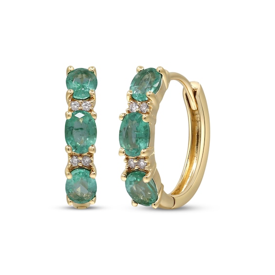 Oval-Cut Emerald & Diamond Accent Hoop Earrings 10K Yellow Gold