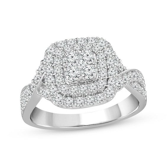 Multi-Diamond Cushion-Shaped Double Halo Engagement Ring 1 ct tw 10K White Gold