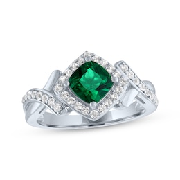 Cushion-Cut Lab-Created Emerald & White Lab-Created Sapphire Ring Sterling Silver