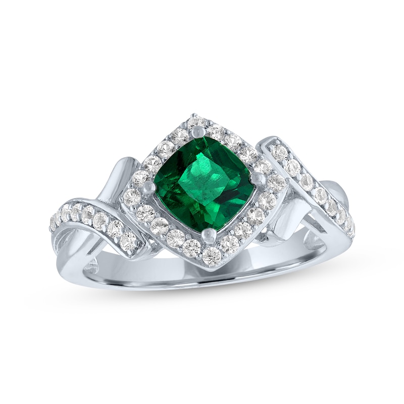 Cushion-Cut Lab-Created Emerald & White Lab-Created Sapphire Ring Sterling Silver