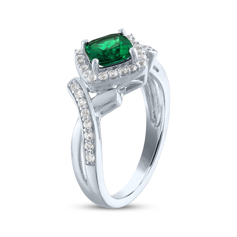 Cushion-Cut Lab-Created Emerald & White Lab-Created Sapphire Ring Sterling Silver