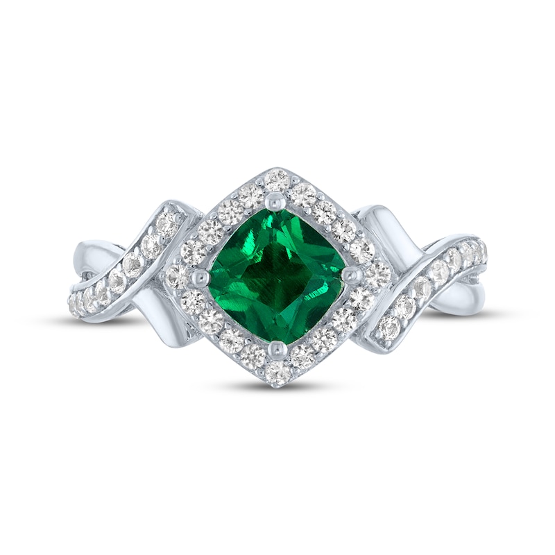 Cushion-Cut Lab-Created Emerald & White Lab-Created Sapphire Ring Sterling Silver