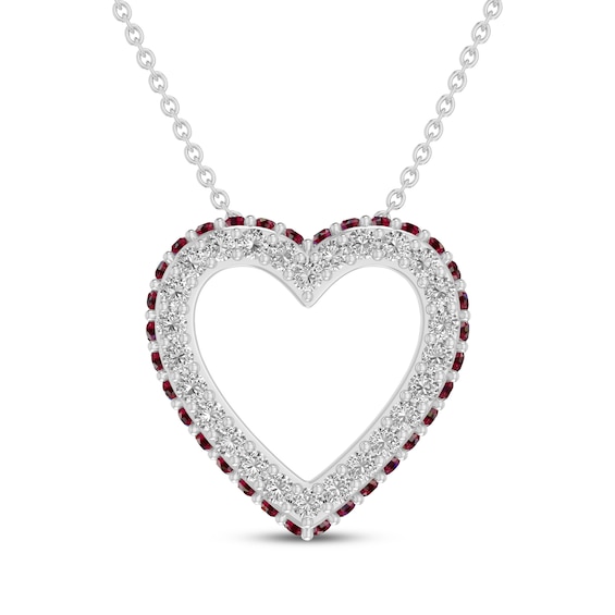 Lab-Created Ruby & White Lab-Created Sapphire Heart Outline Necklace Sterling Silver 18"