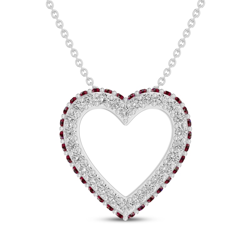 Main Image 1 of Lab-Created Ruby & White Lab-Created Sapphire Heart Outline Necklace Sterling Silver 18&quot;