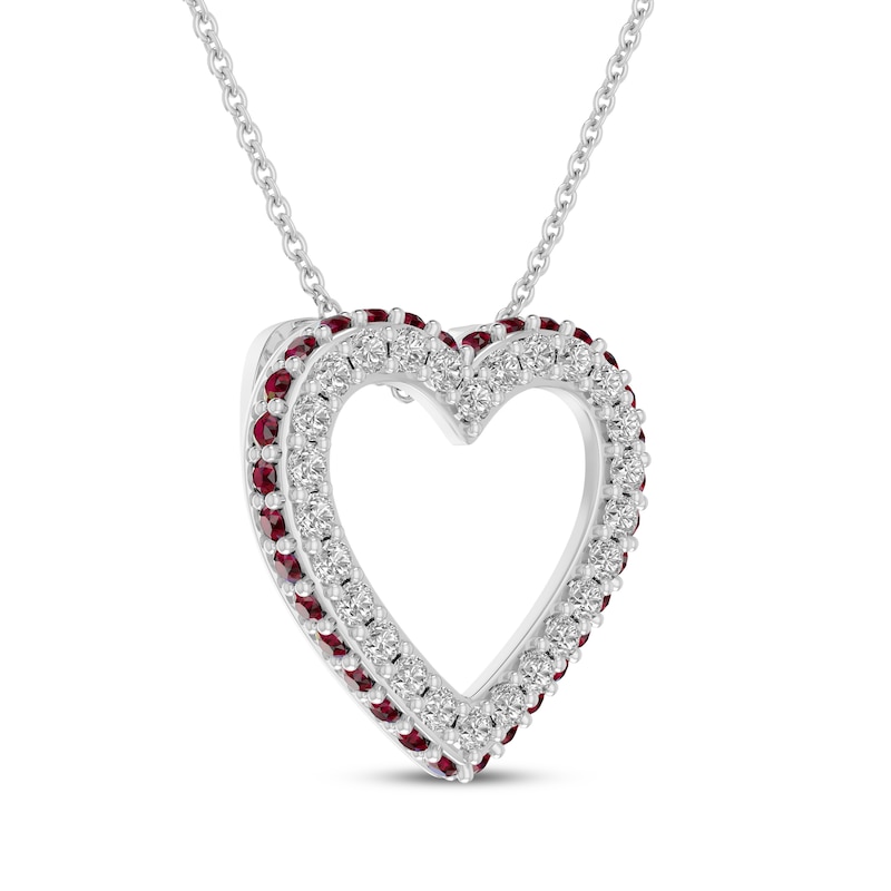 Main Image 2 of Lab-Created Ruby & White Lab-Created Sapphire Heart Outline Necklace Sterling Silver 18&quot;