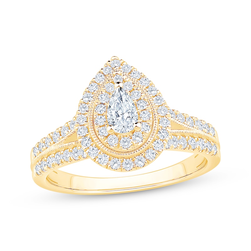 Main Image 1 of Pear-Shaped Diamond Double Halo Engagement Ring 3/4 ct tw 14K Yellow Gold