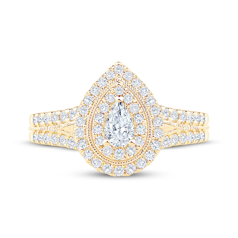 Main Image 3 of Pear-Shaped Diamond Double Halo Engagement Ring 3/4 ct tw 14K Yellow Gold