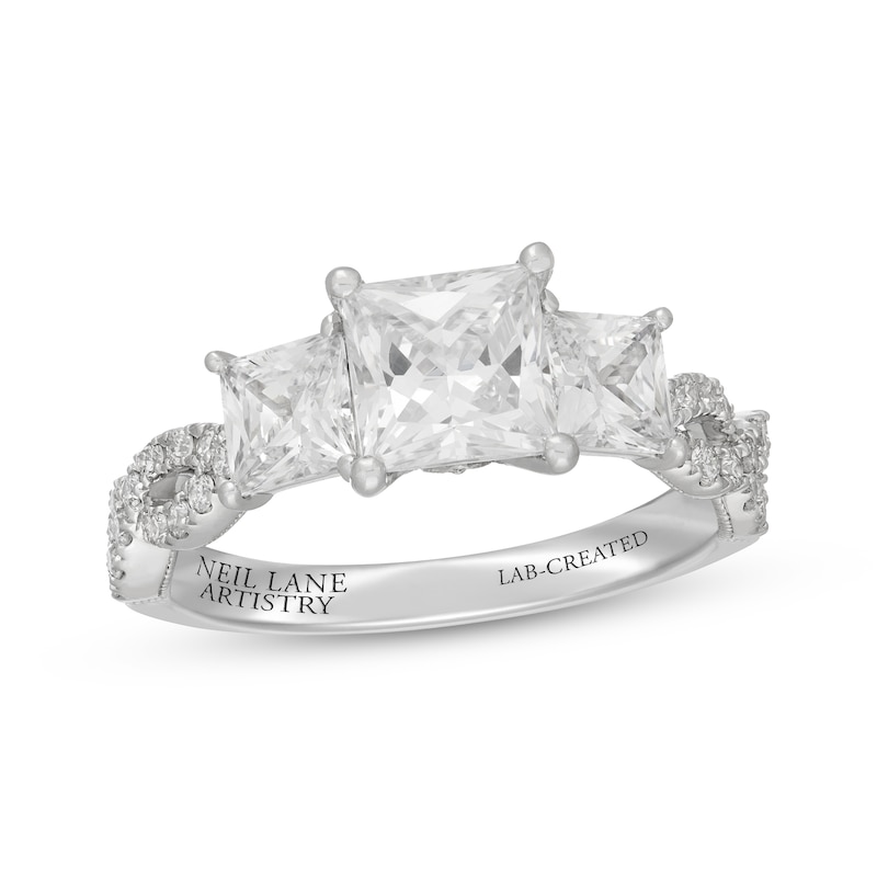 Main Image 1 of Neil Lane Artistry Princess-Cut Lab-Grown Diamond Three-Stone Engagement Ring 2-7/8 ct tw 14K White Gold