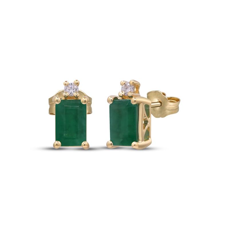 Main Image 1 of Emerald-Cut Natural Emerald & Diamond Stud Earrings 1/20 ct tw 14K Yellow Gold