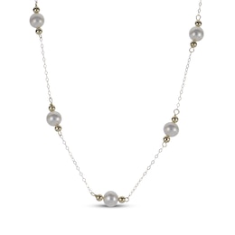 Cultured Pearl & Bead Station Necklace 10K Yellow Gold 18&quot;