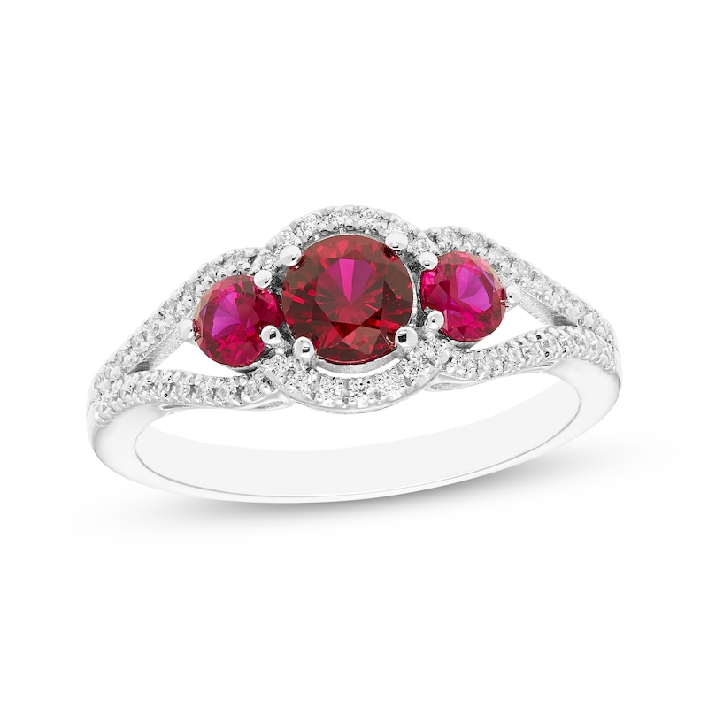 Main Image 1 of Memories Moments Magic Lab-Created Ruby & Diamond Three-Stone Ring 1/6 ct tw Sterling Silver