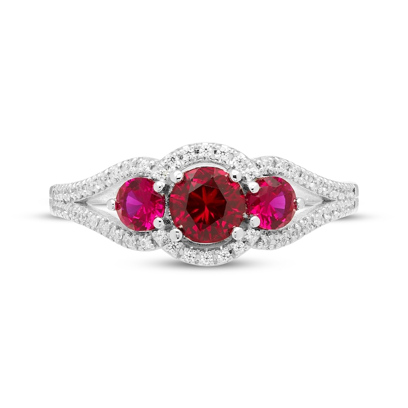 Main Image 3 of Memories Moments Magic Lab-Created Ruby & Diamond Three-Stone Ring 1/6 ct tw Sterling Silver