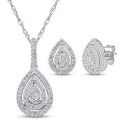 Baguette & Round-Cut Multi-Diamond Teardrop Necklace & Earrings Set 1/2 ct tw Sterling Silver