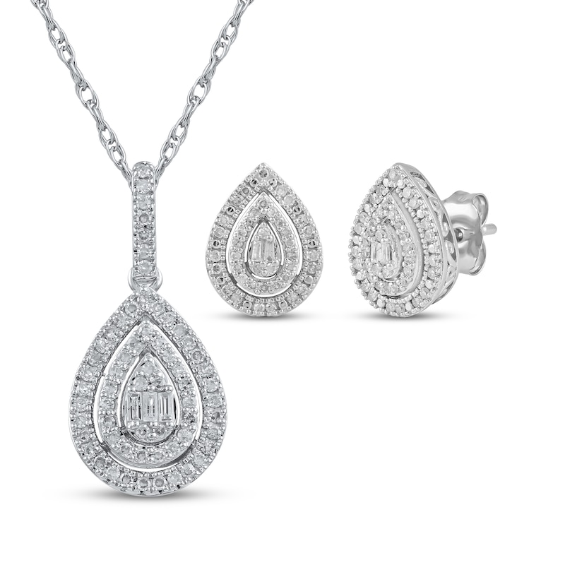 Main Image 1 of Baguette & Round-Cut Multi-Diamond Teardrop Necklace & Earrings Set 1/2 ct tw Sterling Silver