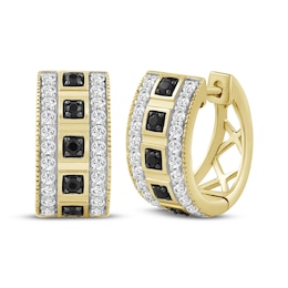 Men's Black & White Diamond Huggie Hoop Earrings 1/2 ct tw 10K Yellow Gold