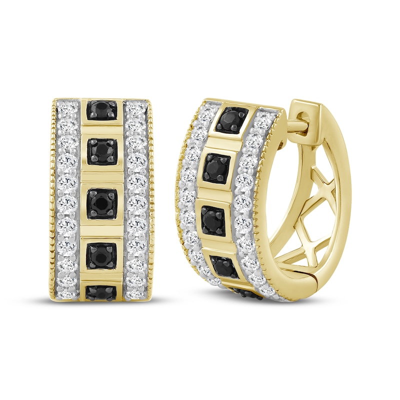 Main Image 1 of Men's Black & White Diamond Huggie Hoop Earrings 1/2 ct tw 10K Yellow Gold