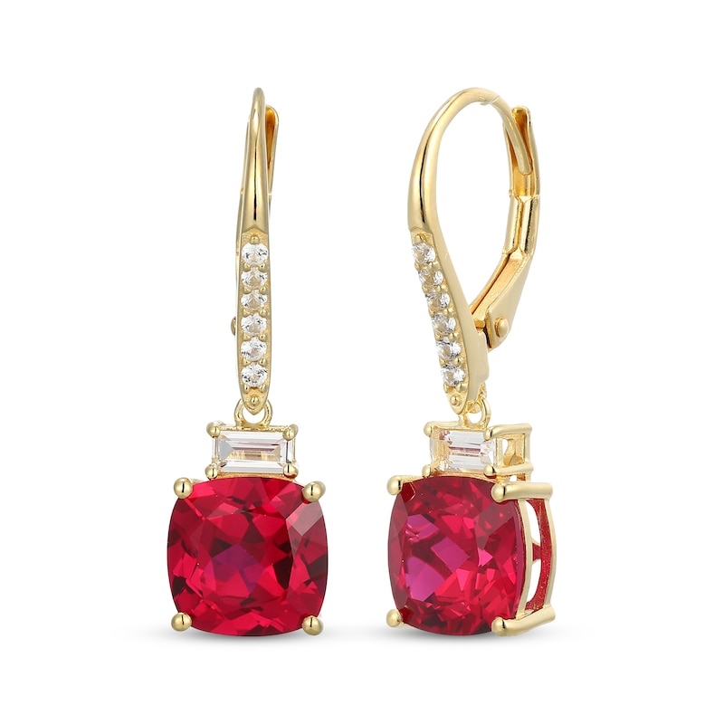 Main Image 1 of Cushion-Cut Lab-Created Ruby & White Lab-Created Sapphire Drop Earrings 18K Yellow Gold-Plated Sterling Silver