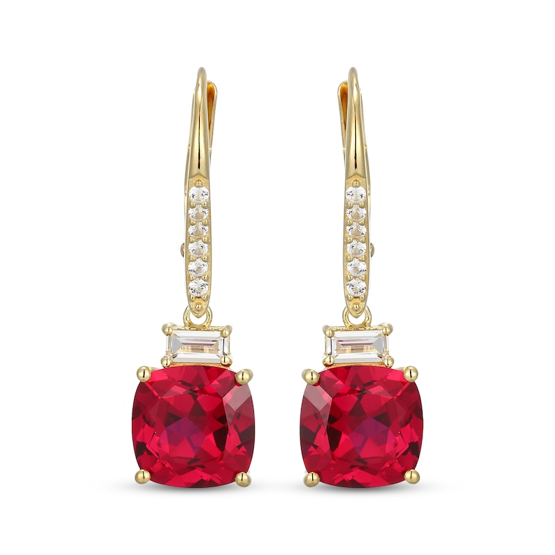 Main Image 2 of Cushion-Cut Lab-Created Ruby & White Lab-Created Sapphire Drop Earrings 18K Yellow Gold-Plated Sterling Silver