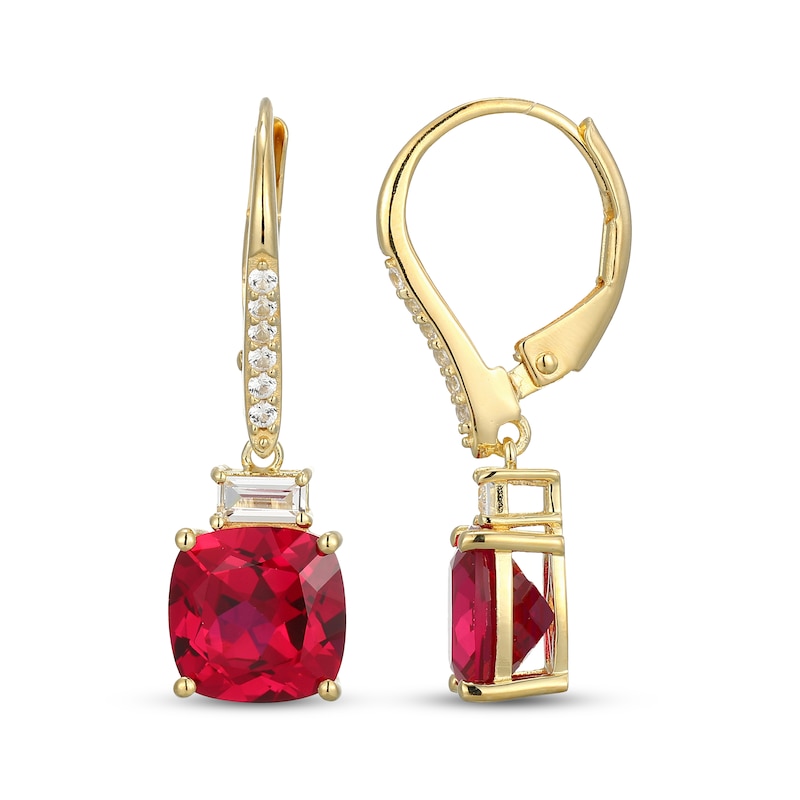 Main Image 3 of Cushion-Cut Lab-Created Ruby & White Lab-Created Sapphire Drop Earrings 18K Yellow Gold-Plated Sterling Silver