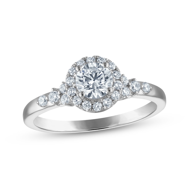 Main Image 1 of Round-Cut Diamond Halo Engagement Ring 3/4 ct tw 10K White Gold