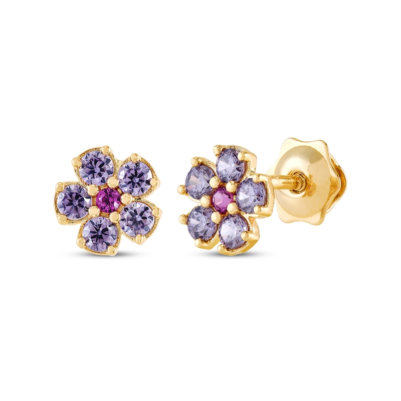 Main Image 1 of Children's Lab-Created Ruby & Amethyst Flower Stud Earrings 14K Yellow Gold