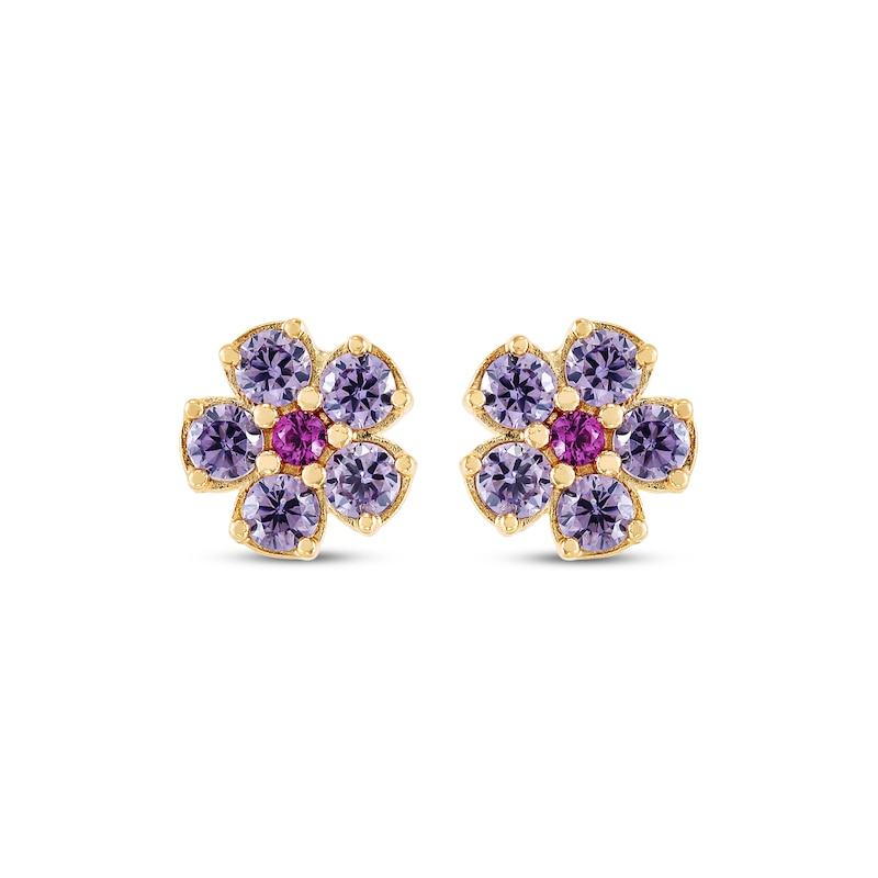 Main Image 2 of Children's Lab-Created Ruby & Amethyst Flower Stud Earrings 14K Yellow Gold