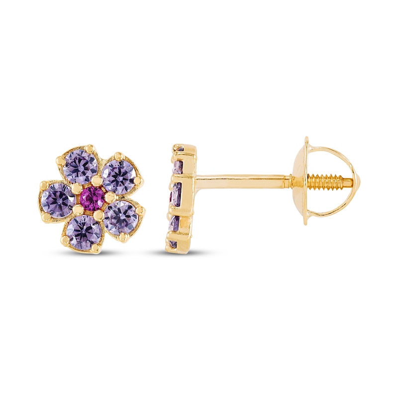 Main Image 3 of Children's Lab-Created Ruby & Amethyst Flower Stud Earrings 14K Yellow Gold