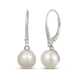 Cultured Pearl & White Lab-Created Sapphire Drop Earrings Sterling Silver