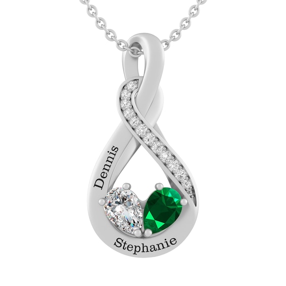 Couple's Pear-Shaped Birthstone Swirl Necklace 18" (2 Stones and Lines)