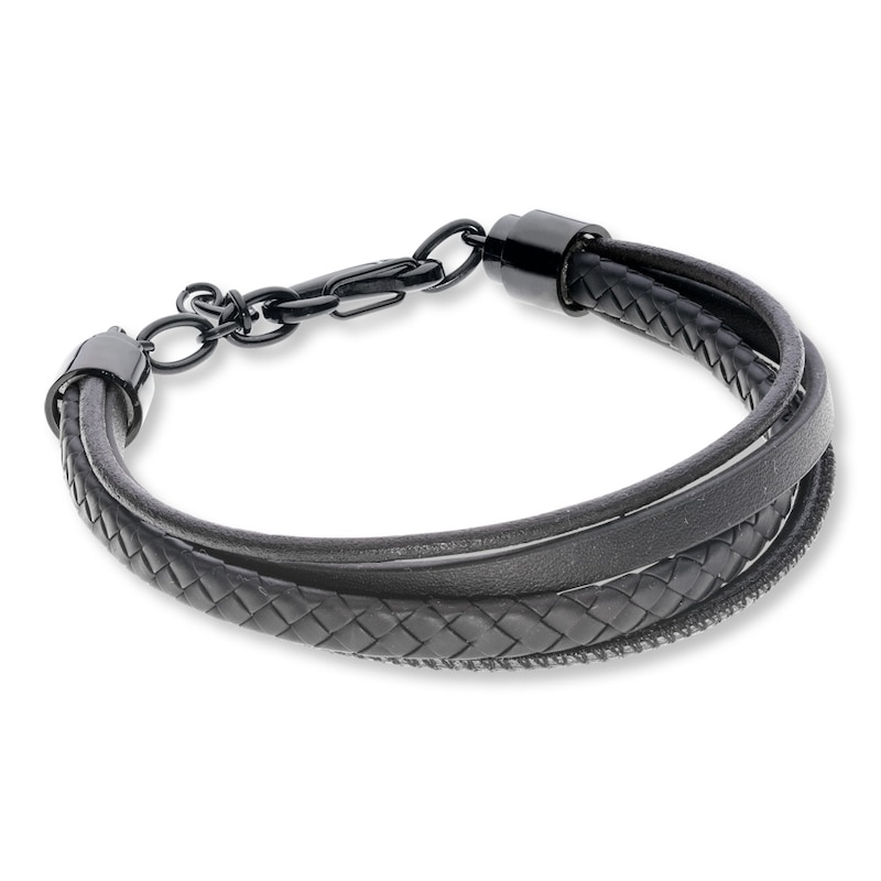 Main Image 1 of Men's Bracelet Black Leather & Stainless Steel 8.5&quot;