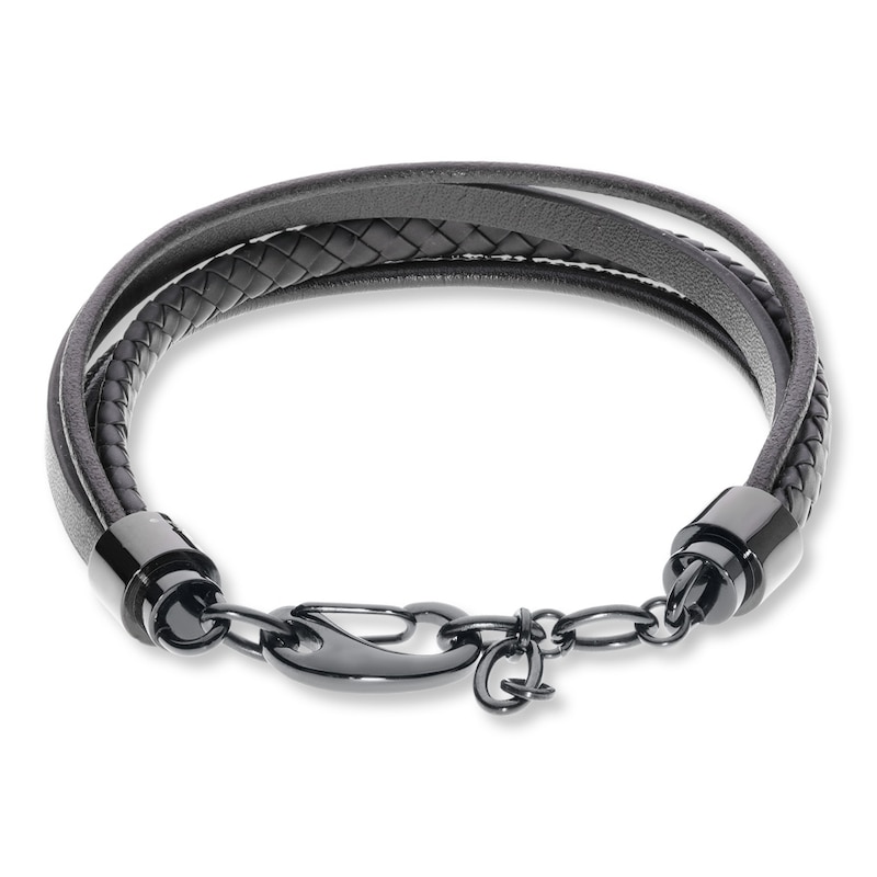 Main Image 2 of Men's Bracelet Black Leather & Stainless Steel 8.5&quot;