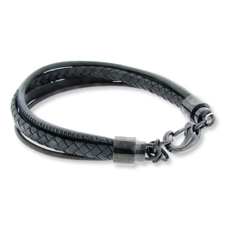 Men's Black Leather Bracelet Stainless Steel 8.5