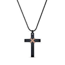Men's Cross Necklace Black/Rose Ion Plating Stainless Steel 24&quot;