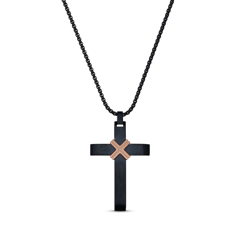 Main Image 1 of Men's Cross Necklace Black/Rose Ion Plating Stainless Steel 24&quot;