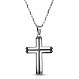 Men's Cross Necklace Black Ion Plating Stainless Steel 24&quot;