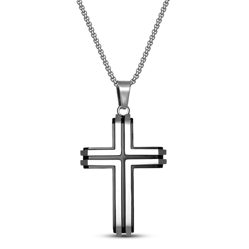 Main Image 1 of Men's Cross Necklace Black Ion Plating Stainless Steel 24&quot;