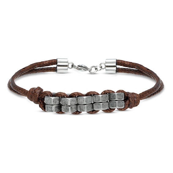 Men's Brown Leather Bracelet Stainless Steel 8.25"