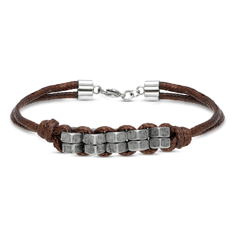 Main Image 1 of Men's Brown Leather Bracelet Stainless Steel 8.25&quot;