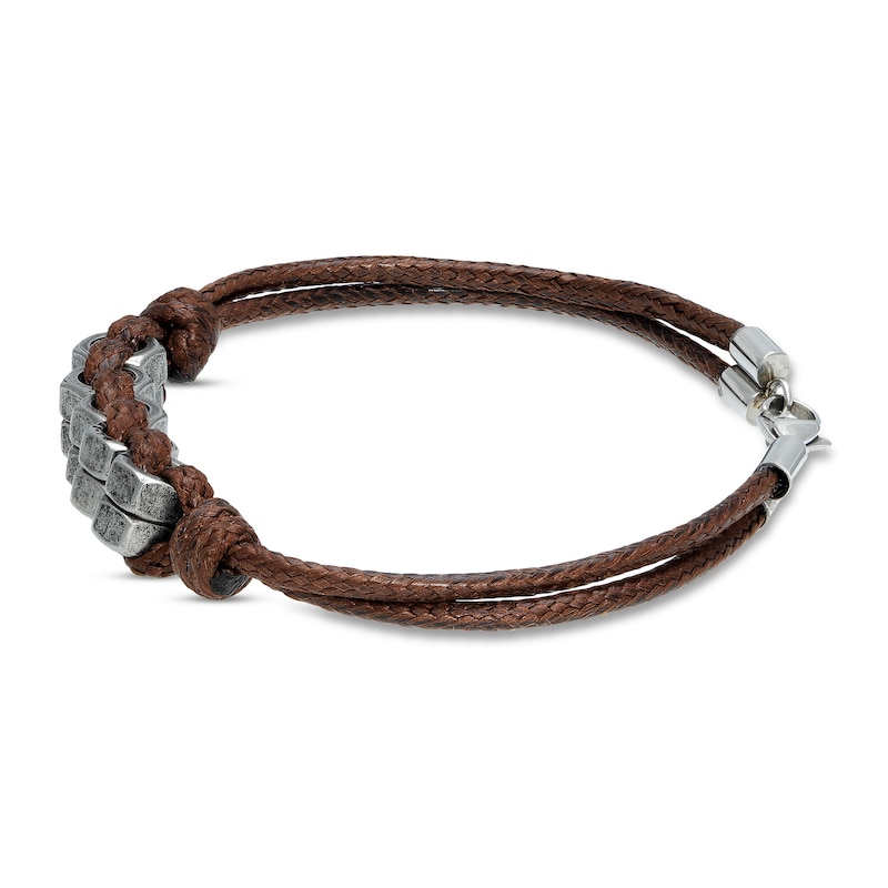 Main Image 2 of Men's Brown Leather Bracelet Stainless Steel 8.25&quot;