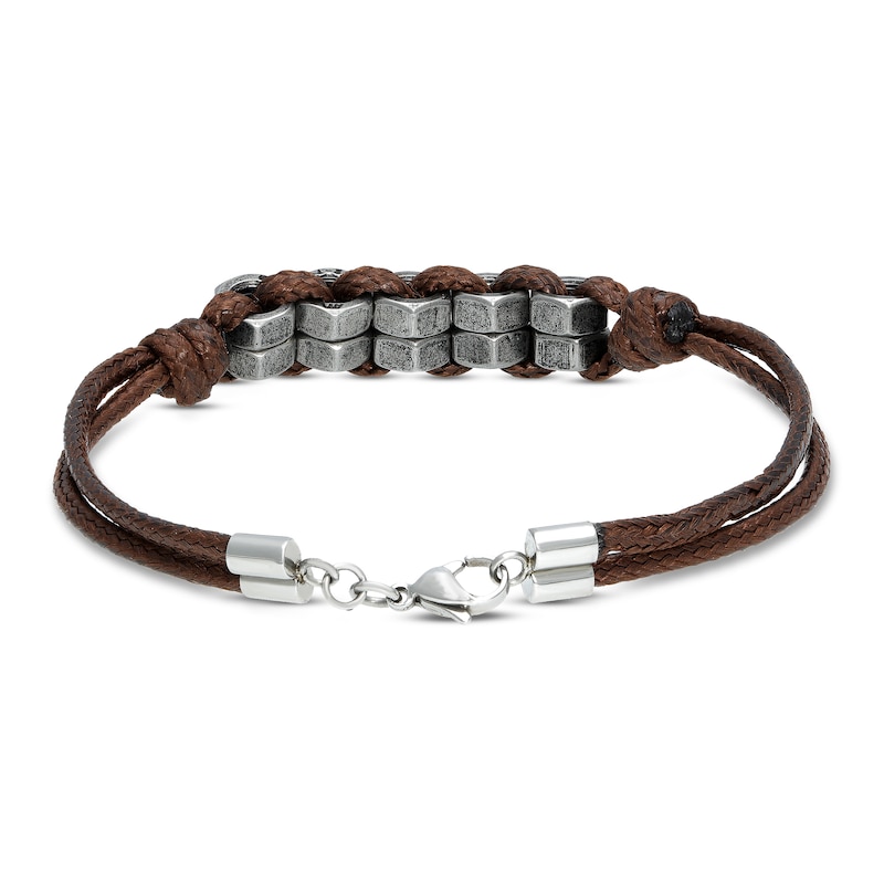 Main Image 3 of Men's Brown Leather Bracelet Stainless Steel 8.25&quot;