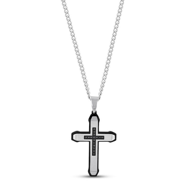 Main Image 1 of Men's Black Diamond Cross Necklace 1/6 ct tw Black Ion-Plating & Stainless Steel 24&quot;