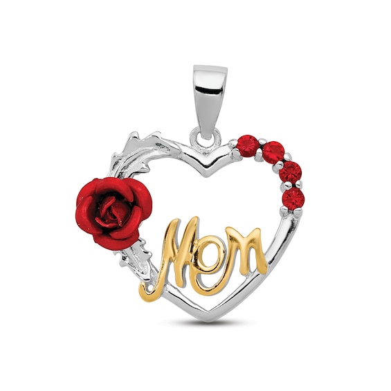 Red Cubic Zirconia "Mom" Rose Heart Charm Sterling Silver