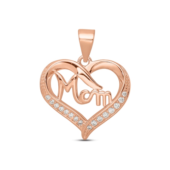 White Cubic Zirconia "Mom" Heart Charm 18K Rose Gold-Plated Sterling Silver