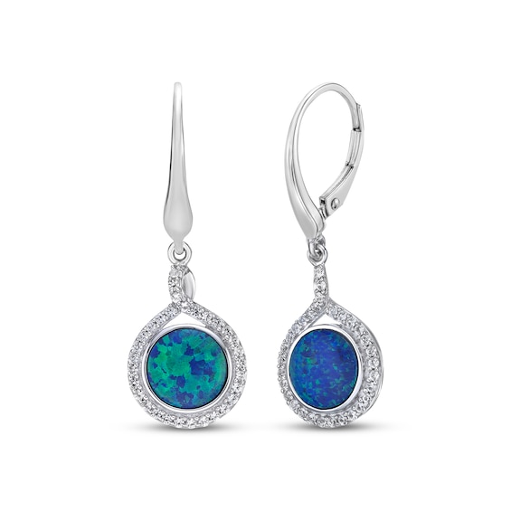 Blue-Green Lab-Created Opal Inlay & White Lab-Created Sapphire Swirl Dangle Earrings Sterling Silver