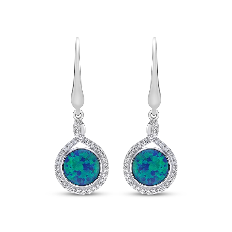 Main Image 2 of Blue-Green Lab-Created Opal Inlay & White Lab-Created Sapphire Swirl Dangle Earrings Sterling Silver