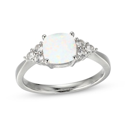 Cushion-Cut Lab-Created Opal & White Lab-Created Sapphire Ring Sterling Silver