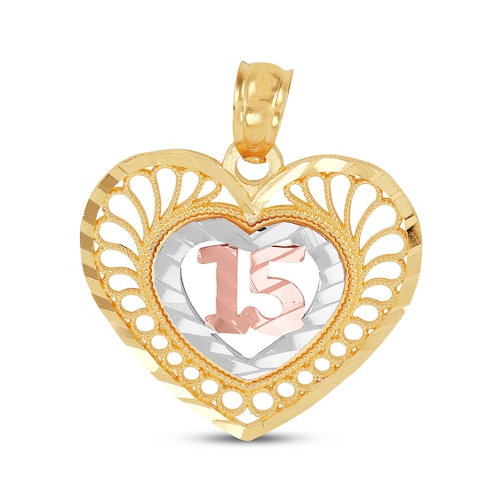 Quinceañera Diamond-Cut Heart Charm 14K Tri-Tone Gold