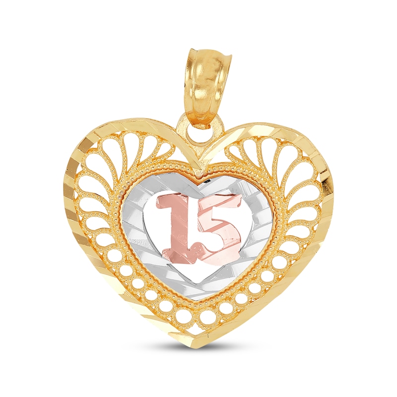 Main Image 1 of Quinceañera Diamond-Cut Heart Charm 14K Tri-Tone Gold