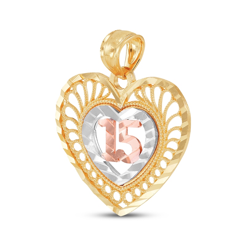 Main Image 2 of Quinceañera Diamond-Cut Heart Charm 14K Tri-Tone Gold